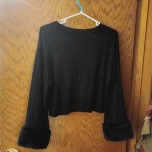 Altar'd State Black Cropped Sweater Top Faux Fur Cuffs Bell Sleeves Size S